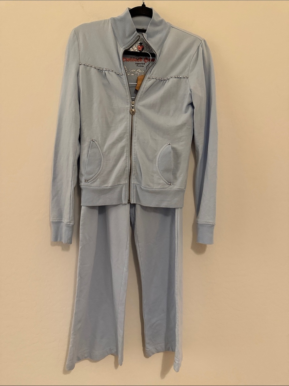 VTG Y2K Twisted Heart Light Blue Rhinestone Butterfly Tracksuit Set S